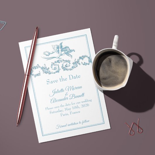 Powder Blue Toile de Jouy Cherub Save the Date Car セーブザデート