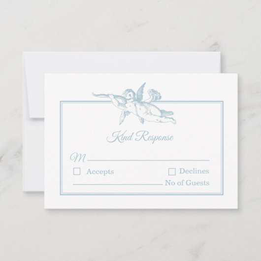Powder Blue Toile de Jouy Cherub Wedding RSVP Card (正面)