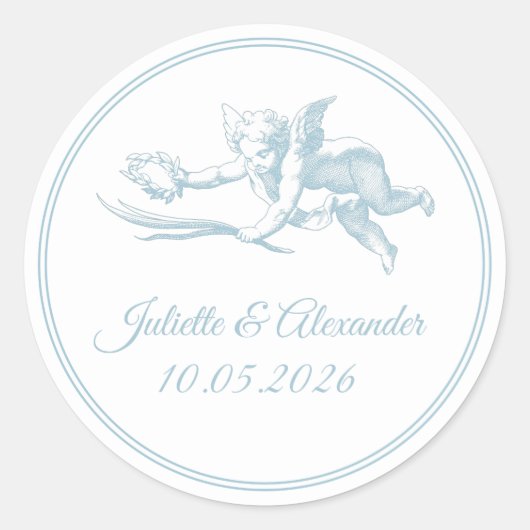 Powder Blue Toile de Jouy Cupid Classic Round Wedd ラウンドシール (正面)