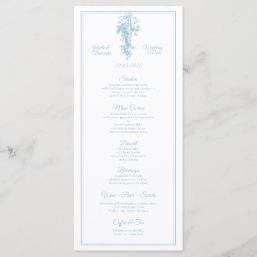 Powder Blue Toile de Jouy Wedding Menu Card メニュー (正面)