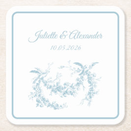 Powder Blue Toile de Jouy Wedding Paper Coasters スクエアペーパーコースター