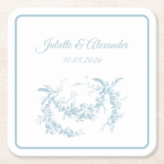 Powder Blue Toile de Jouy Wedding Paper Coasters スクエアペーパーコースター (正面)
