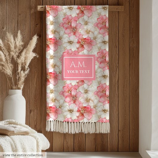 Powder Pink Flowers Elegant Monogram Blanket フリースブランケット