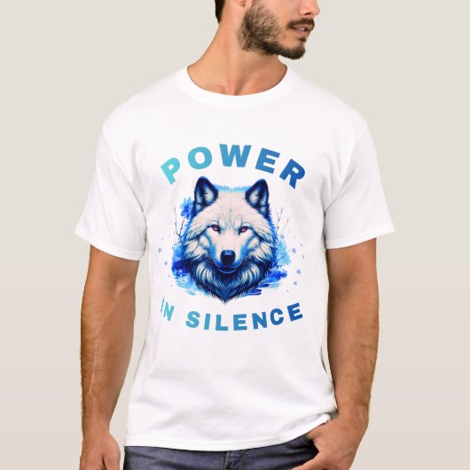 Power in Silence Wolf Blue Art Design Tシャツ (正面)