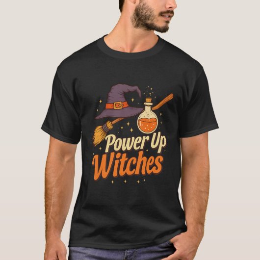Power Up Witches - Retro Halloween Magic Design Tシャツ (正面)