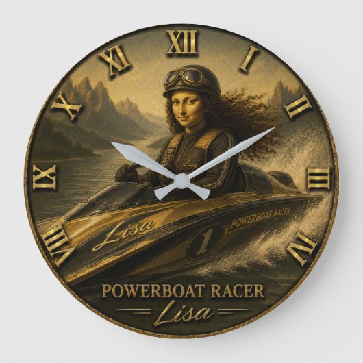 Powerboat Racing Funny Mona Lisa Speedboat Racer ラージ壁時計 (正面)