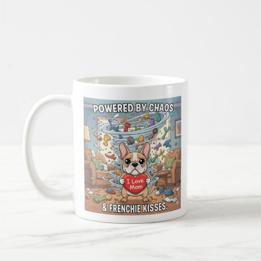 Powered By Chaos Frenchie Funny Dog Mom Gift コーヒーマグカップ (左)