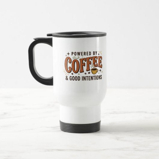 Powered By Coffee レトロ70年代風タイポグラフィ トラベルマグ (左)