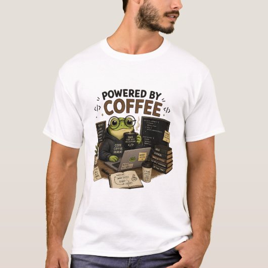 Powered by Coffee 面白いプログラマーTシャツ | カエル Tシャツ (正面)