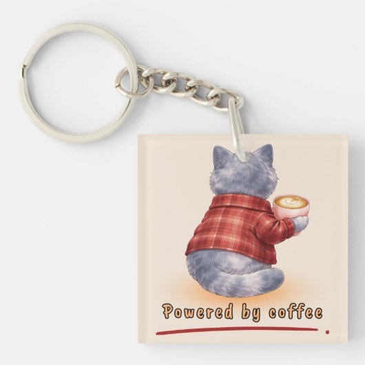 "Powered by Coffee" Cat Holding A Cup of Coffee キーホルダー (正面)