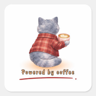 "Powered by Coffee" Cat Holding A Cup of Coffee スクエアシール