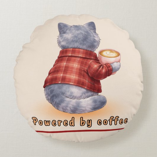 "Powered by Coffee" Cat Holding A Cup of Coffee ラウンドクッション (正面)