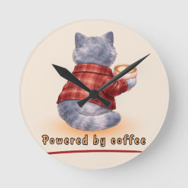 "Powered by Coffee" Cat Holding A Cup of Coffee ラウンド壁時計