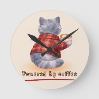 "Powered by Coffee" Cat Holding A Cup of Coffee ラウンド壁時計