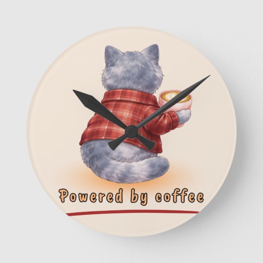 "Powered by Coffee" Cat Holding A Cup of Coffee ラウンド壁時計 (正面)
