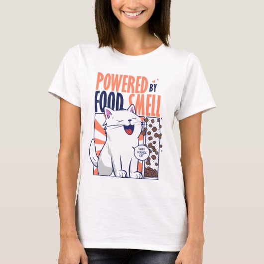 Powered by Food Smell | Funny Cat Design Tシャツ (正面)