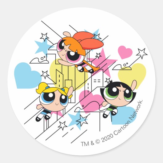 Powerpuff Girls Townsville Pattern ラウンドシール (正面)