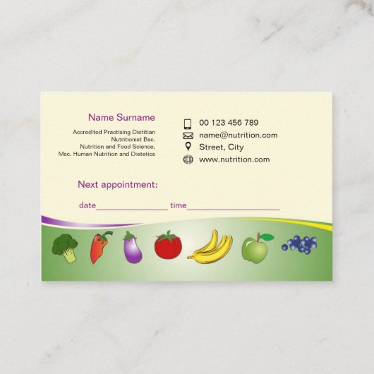 Practiingの栄養士及び栄養物のための名刺 予約カード (裏面)