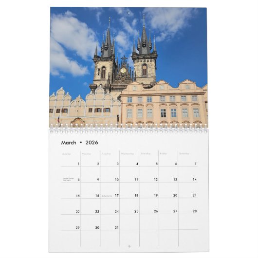 Prague and Budapest 2026 calendar カレンダー (3月 2026)