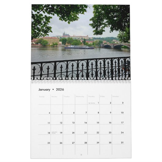 Prague and Budapest 2026 calendar カレンダー (1月 2026)