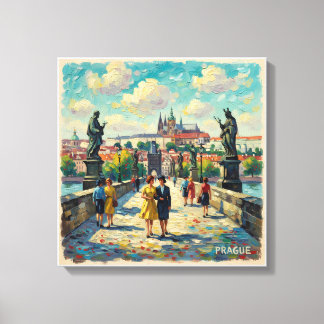Prague Charles Bridge Vintage Scene Stretched Canv キャンバスプリント
