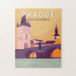 Prague Czech Republic Travel Art Vintage ジグソーパズル<br><div class="desc">Prague retro vector art design. Nicknamed “the City of a Hundred Spires, ” it's known for its Old Town Square,  the heart of its historic core,  with colorful baroque buildings.</div>
