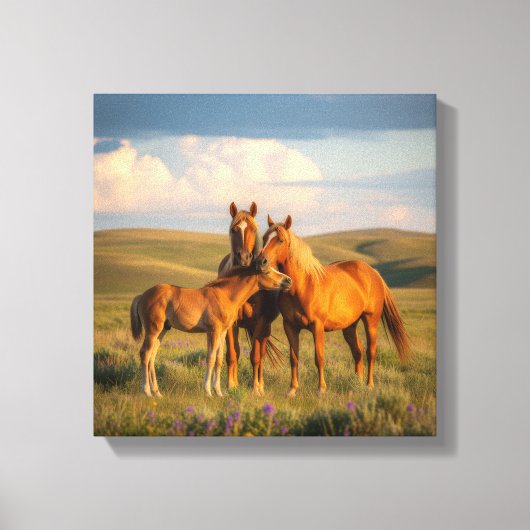 Prairie Family – Horses & Foal at Sunset Wall Art キャンバスプリント (正面)