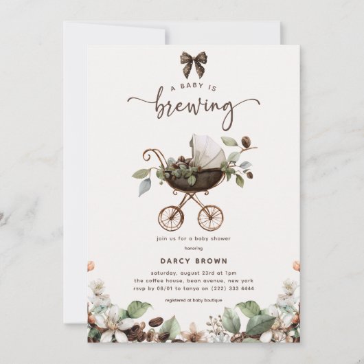 Pram 'Baby is Brewing' Coffee Baby Shower 招待状 (正面)