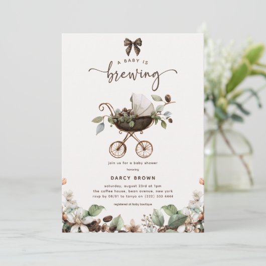 Pram 'Baby is Brewing' Coffee Baby Shower 招待状 (スタンド正面)