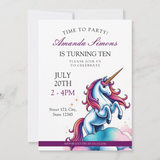 Prancing Unicorn Sparkle Girl 10th Birthday 招待状 (正面)