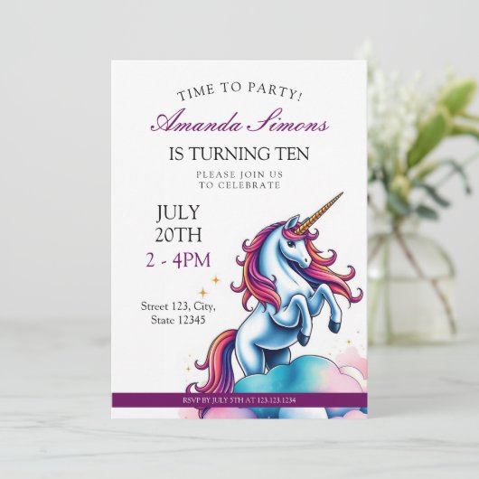 Prancing Unicorn Sparkle Girl 10th Birthday 招待状 (スタンド正面)