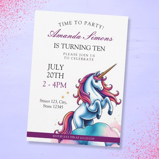 Prancing Unicorn Sparkle Girl 10th Birthday 招待状