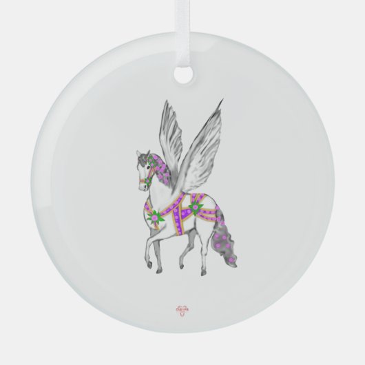 Prancing White Pegasus Vintage Carousel Horse  ガラスオーナメント (正面)