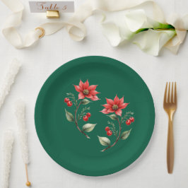 Prato de  papel  Natal verde e Flores Vermelhas ペーパープレート