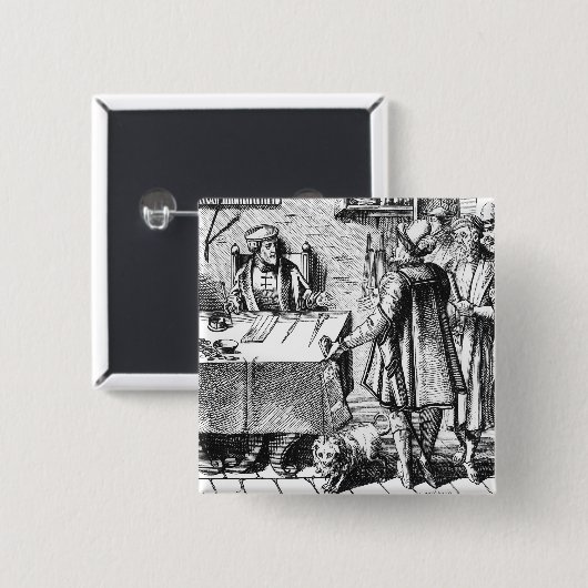 「Praxisの木版画の後の税の受信機、 缶バッジ (正面&裏面)