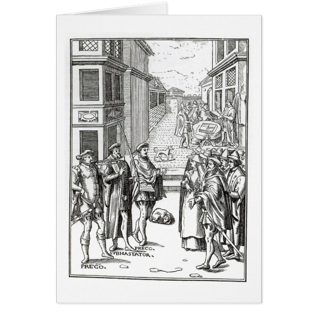 「Praxis Rerの木版画の後の町内の触れ役による販売、 (正面)