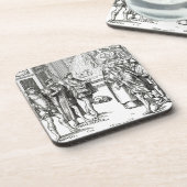 「Praxis Rerの木版画の後の町内の触れ役による販売、 コースター (左側)