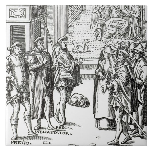 「Praxis Rerの木版画の後の町内の触れ役による販売、 タイル (正面)