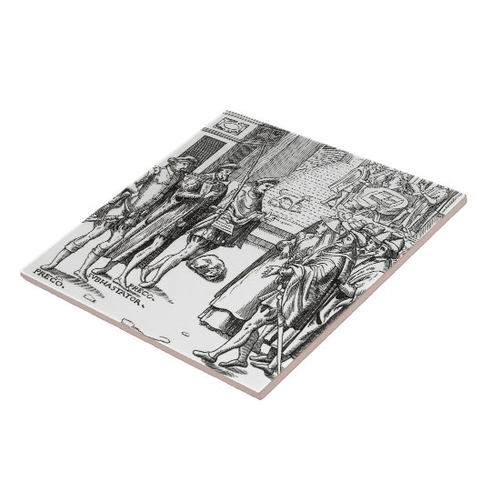 「Praxis Rerの木版画の後の町内の触れ役による販売、 タイル (側面)