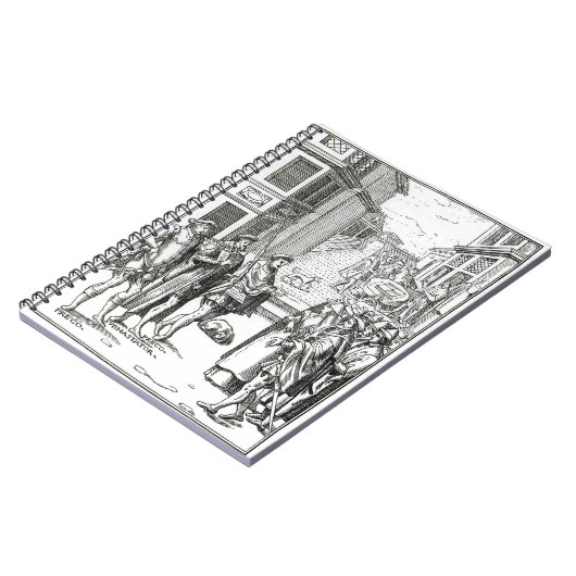 「Praxis Rerの木版画の後の町内の触れ役による販売、 ノートブック (左側)