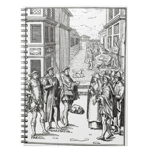 「Praxis Rerの木版画の後の町内の触れ役による販売、 ノートブック (正面)