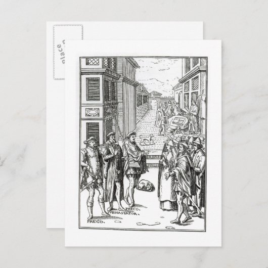 「Praxis Rerの木版画の後の町内の触れ役による販売、 ポストカード (正面/裏面)