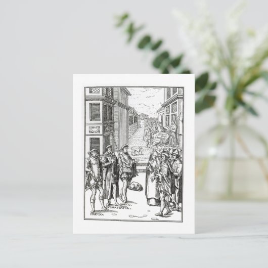 「Praxis Rerの木版画の後の町内の触れ役による販売、 ポストカード (スタンド正面)