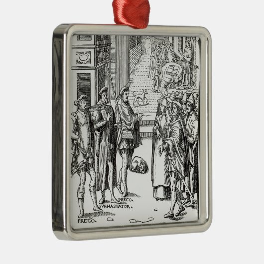 「Praxis Rerの木版画の後の町内の触れ役による販売、 メタルオーナメント (右)