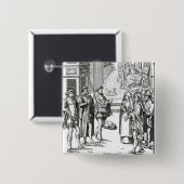 「Praxis Rerの木版画の後の町内の触れ役による販売、 缶バッジ (正面&裏面)