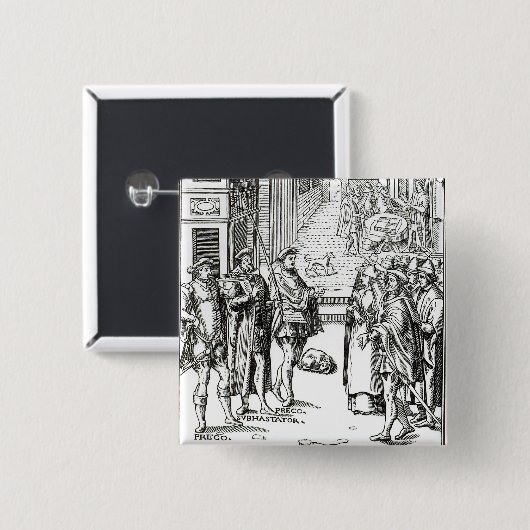 「Praxis Rerの木版画の後の町内の触れ役による販売、 缶バッジ (正面&裏面)