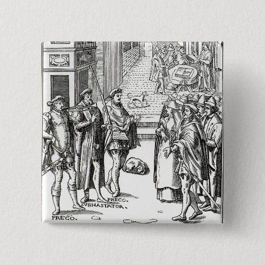 「Praxis Rerの木版画の後の町内の触れ役による販売、 缶バッジ (正面)