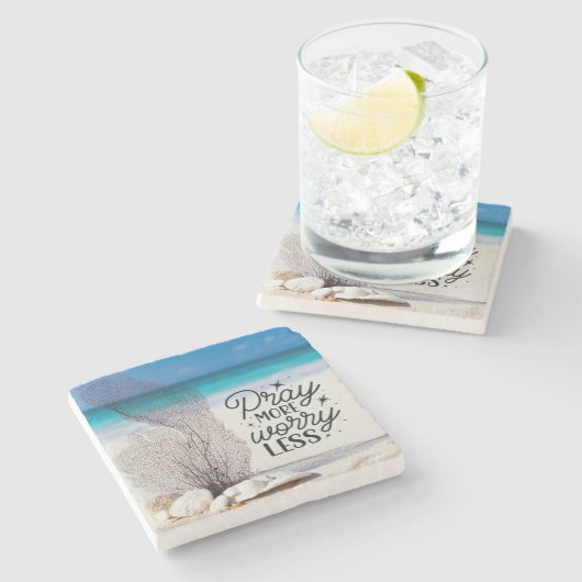 "Pray More Worry Less" Seashells on Sandy Beach ストーンコースター (横)