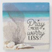 "Pray More Worry Less" Seashells on Sandy Beach ストーンコースター (正面)