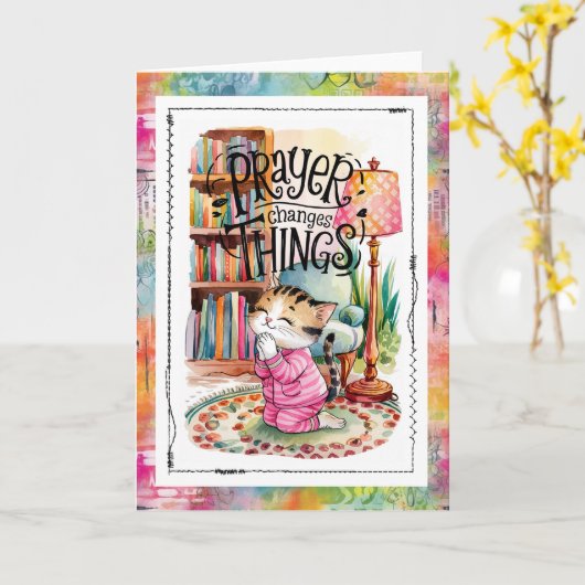 Prayer Changes Things Cat Christian  カード (黄色い花)